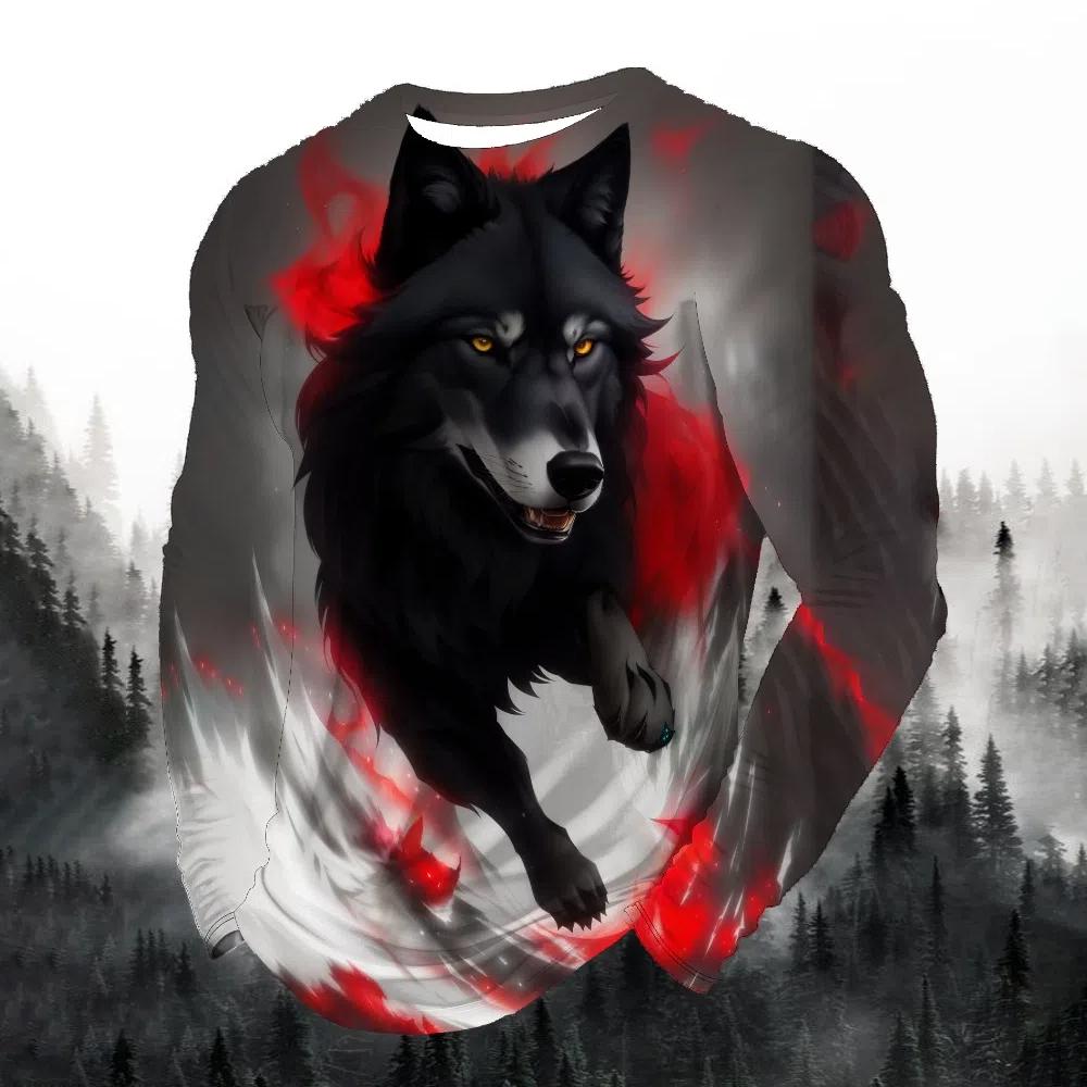 2024 men's fashion print round neck long sleeve party autumn sports casual pullover men 3d lonely wolf blue print tops
