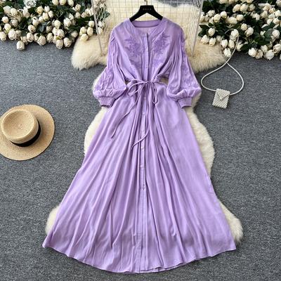 Vintage Elegancka Haftowana Sukienka na guziki A-line Szykowna Casualowa Plażowa Wakacyjna Damska Letnia sukienka