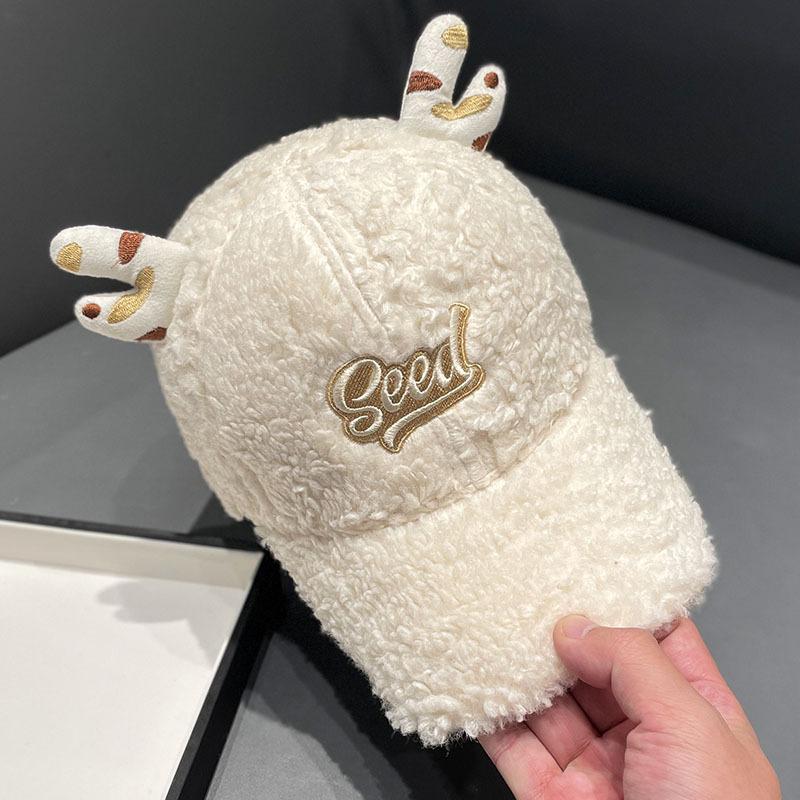 Cute Antler Hat Lamb Wool Baseball Cap Autumn and Winter Women's Versatile Sweet Warm Cartoon Cap