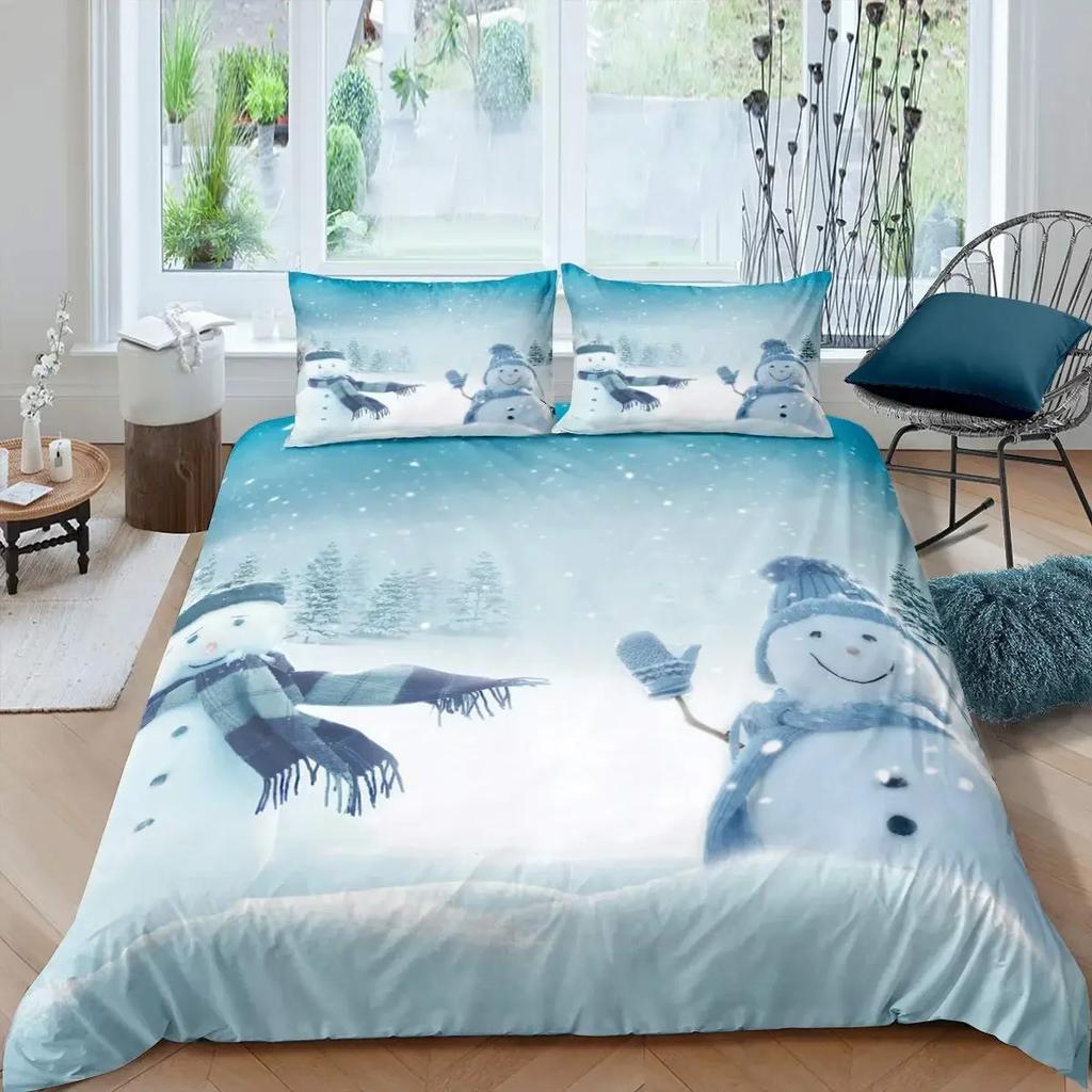 Snowman Duvet Cover Set Kids Girl Christmas Comforter Cover Winter Snow Bedding Set New  Cartoon Style Polyester Quilt Cover