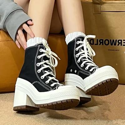 Fashion Size 36-42 Women Platform Sneakers Canvas Shoes Personalized Thick Heels Skateboard Lace Up Casual Fashion Outdoor Sneakers