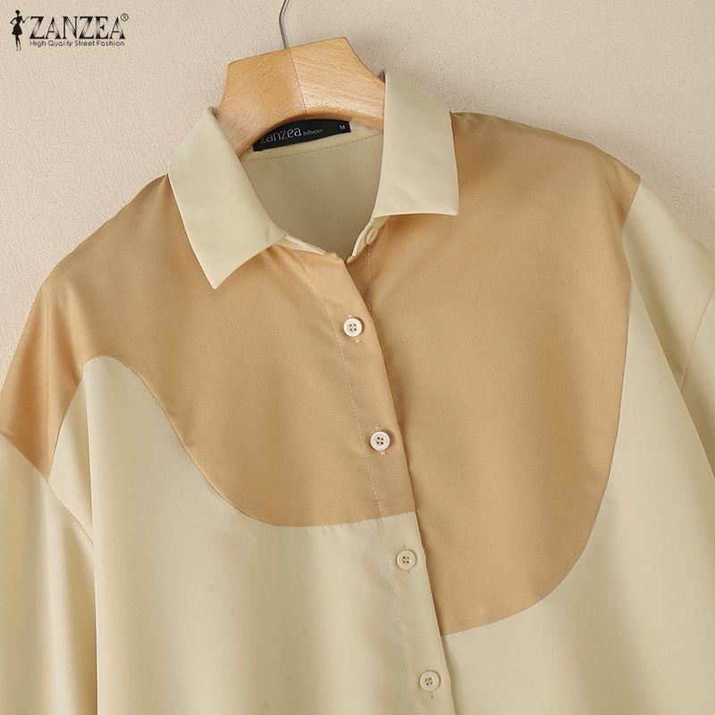 ZANZEA Women Casual Turn Down Collar Loose Patchwork Half Sleeve Blouse