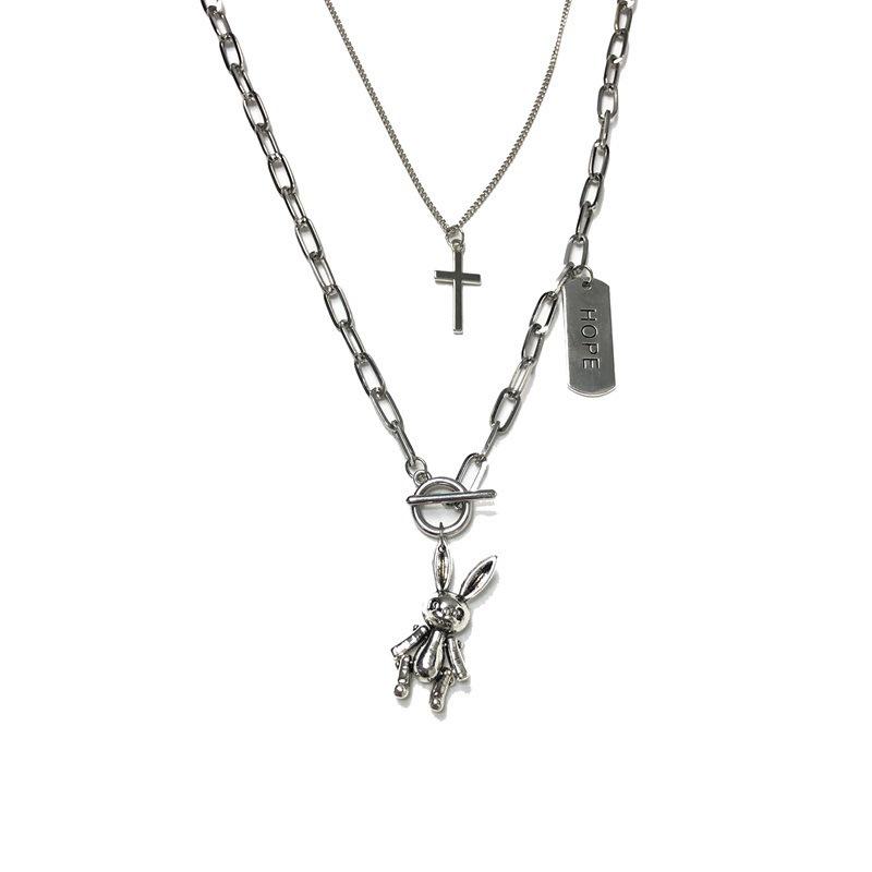 European & American Minimalist Cross Layered Necklace with Movable Rabbit Pendant - Unisex Trendy Sweater Chain