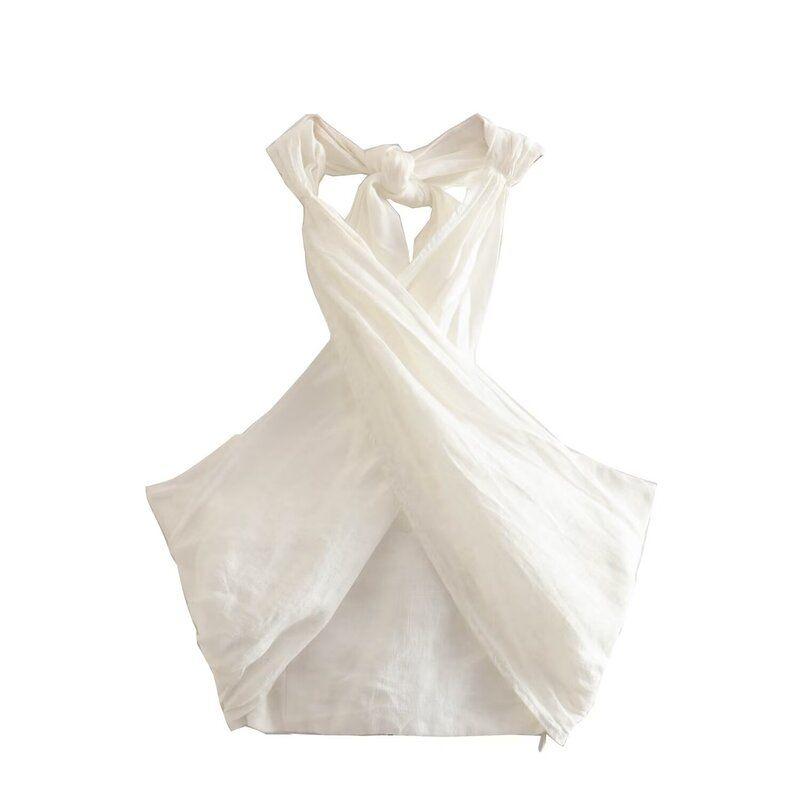 

Женский модный стиль короткий топ брюки с высокой талией лен White sling XS
