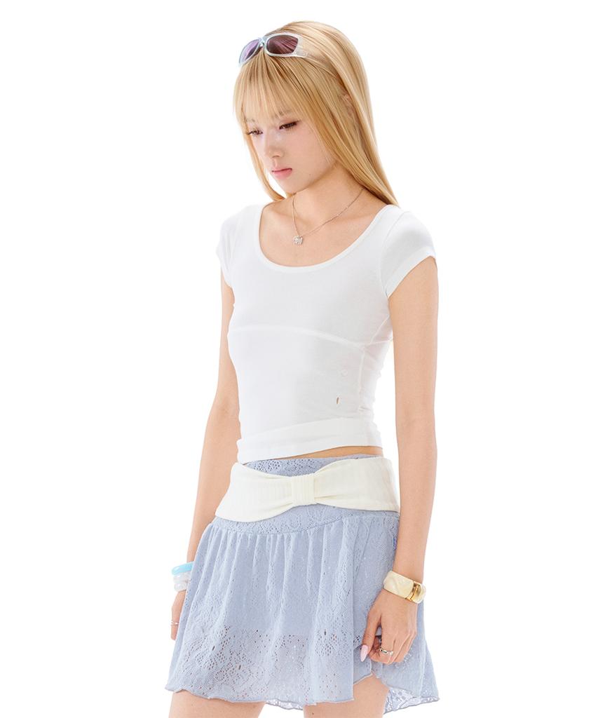 Poeoling Ribbon Banding Midi Skirt (Sky Blue)