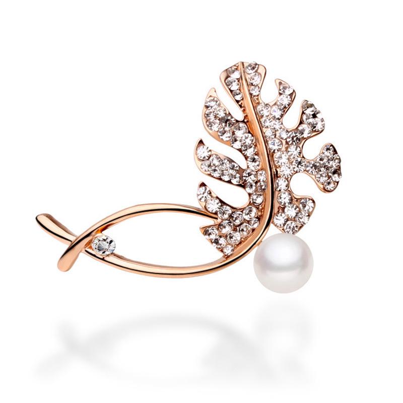 Bo Xin Yun Rhinestone Crystal Pearl Leaf Brooch Pin for Women