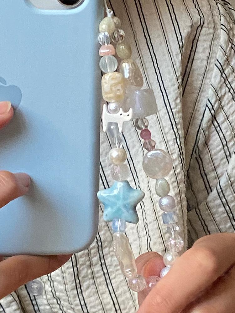Korean Cute 3D Star Pearl Cat Beads Phone Chain Pendant For iPhone Samsung Accessories Girl Jewelry Strap Lanyard Hanging Cord