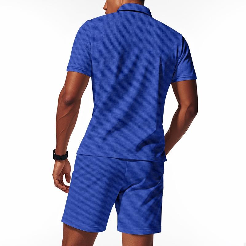 Men Waffle Turn Down Collar Polo Short Sleeve Shorts Casual Two Piece Set