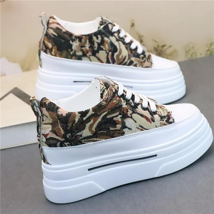 Fashion Genuine Leather 7cm Super Thick Sole Platform Women Shoes Chunky Sneakers Ins Women Vulcanized shoes Canvas shoes