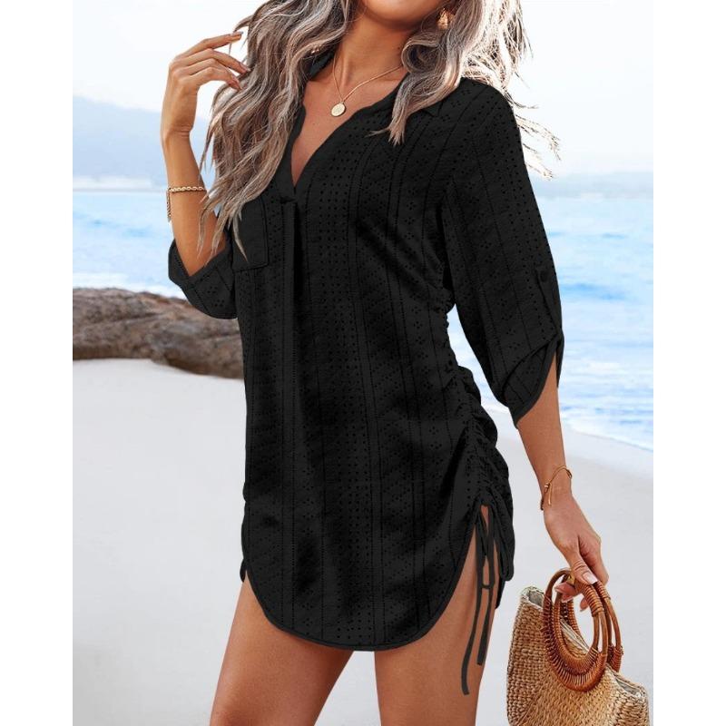 Women's V-Neck Hollow Out Beach Tunic - Lightweight Summer Cover Up with Side Tie Details