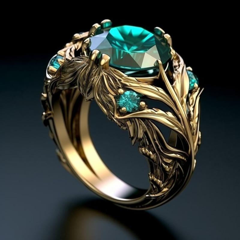 Vintage Inlaid Green CZ Women's Ring Ethnic Gold Color Hand Carving Daily Wear Party Jewelry Anniversary Gift
