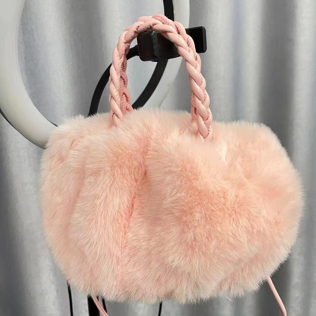 Handheld Fluffy Pumpkin Pleated Cloud Crossbody Bag - Faux Rabbit Fur Plush