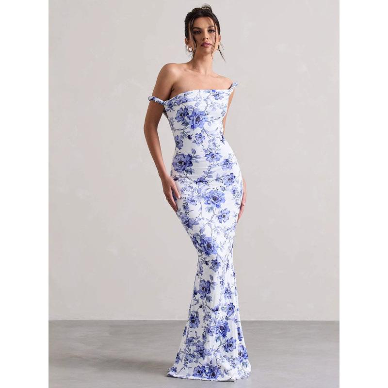 European and American style 2026 summer women's clothing sexy niche slanted shoulder curled edge slim fit hip wrap print dress