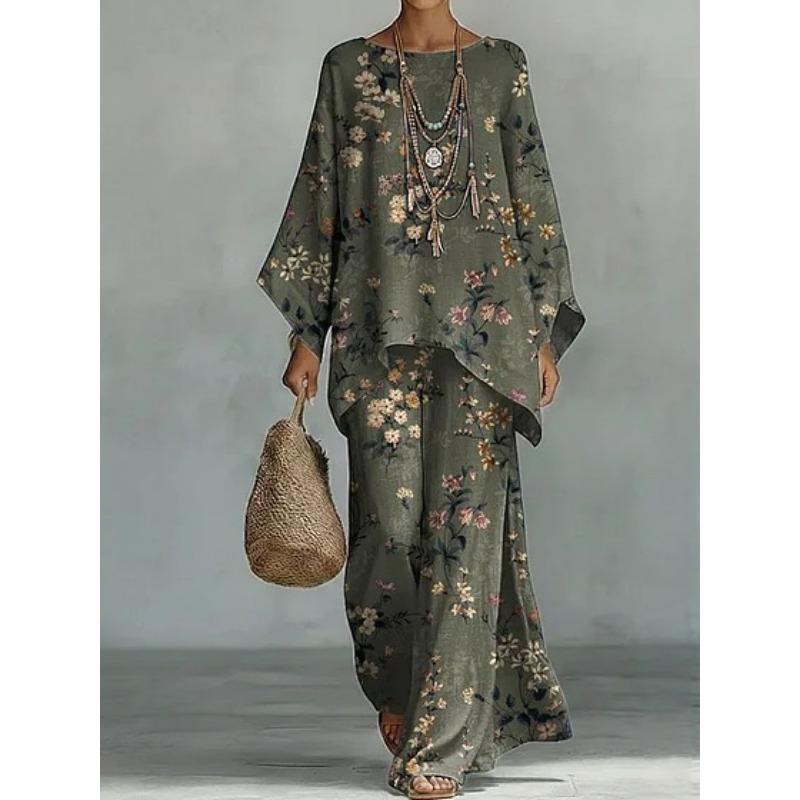 New round Neck Batwing Sleeve Print Set Bohemian Style Casual Loose Two Piece Set