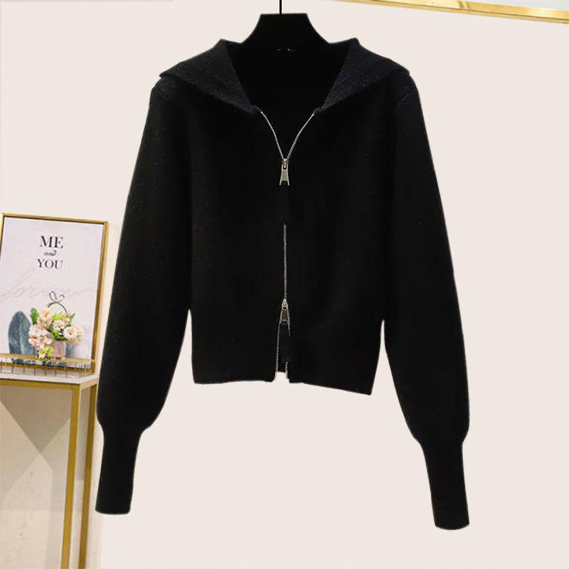 Sweet Autumn & Winter Women's Double Zipper Hooded Knitted Sweater Set