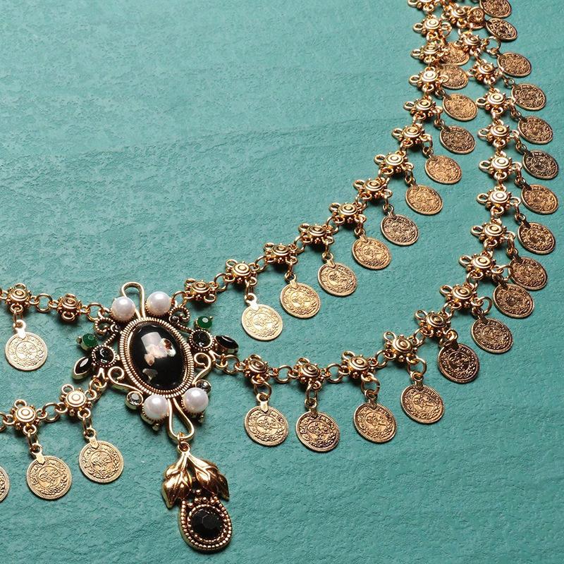 

Exaggerated Retro Rhinestone Tassel Metal Waist Chain For Women Luxury Double Layered Craved Coin Belt Chains Body Dress Jewelry ONESIZE