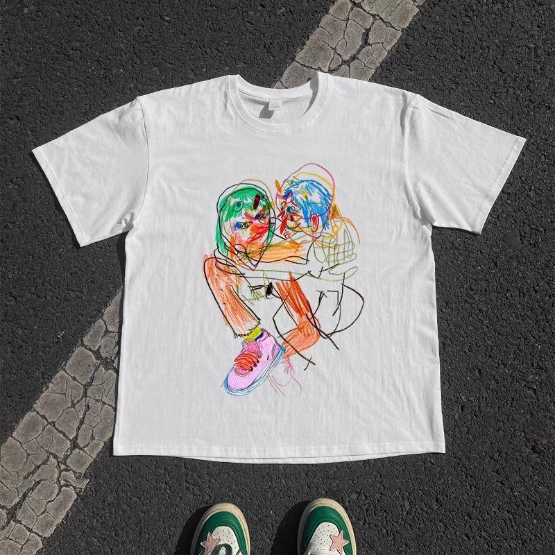 

American Cartoon Hand-painted Graffiti Half-sleeved Couple Loose Round Neck Cotton Short-sleeved T-shirt Men s And Women s Prin 4XL