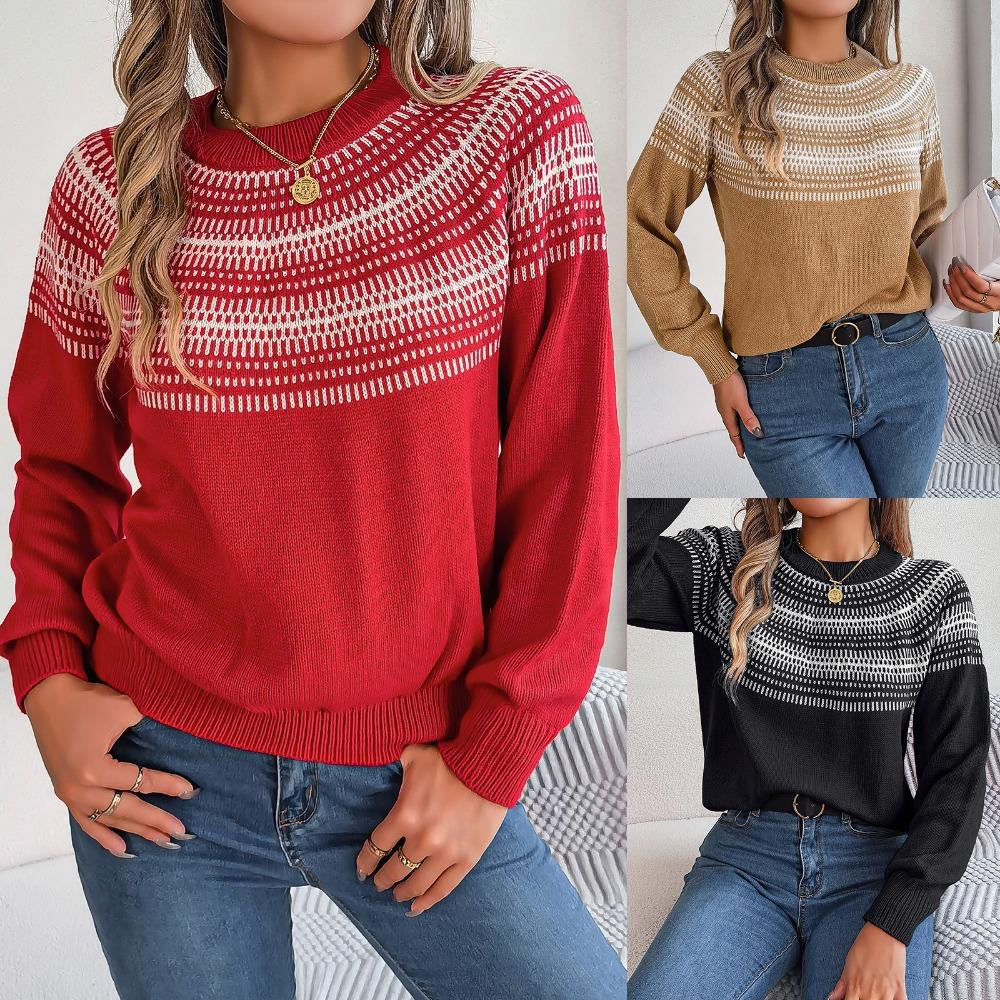 Autumn and Winter Retro Pop Style Contrast Striped Long-sleeved Pullover Sweater