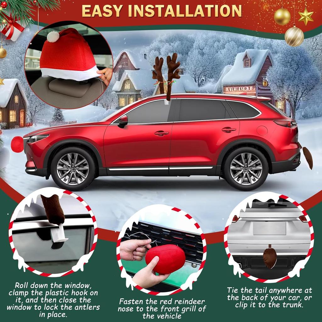 16.7 Inch Dark Brown Christmas Reindeer Car Kit - Reindeer Car Kit With 4 Adorable Car Seat Santa Hat, Christmas Decorations Perfect For Various Car