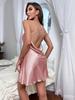 Women's Sexy Short Backless Loungewear Solid Nightgown Summer V-neck Cross Strap Dress Faux Silk Thin Slip Dress