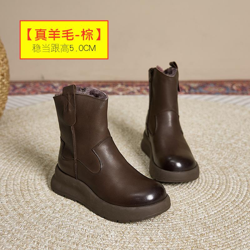 

2025 осень и зима новая обувь для мамы круглый носок боковая молния платформа короткие ботинки ботинки Мартин женские танкетка хлопковые ботинки фабрика 41 коричневый
