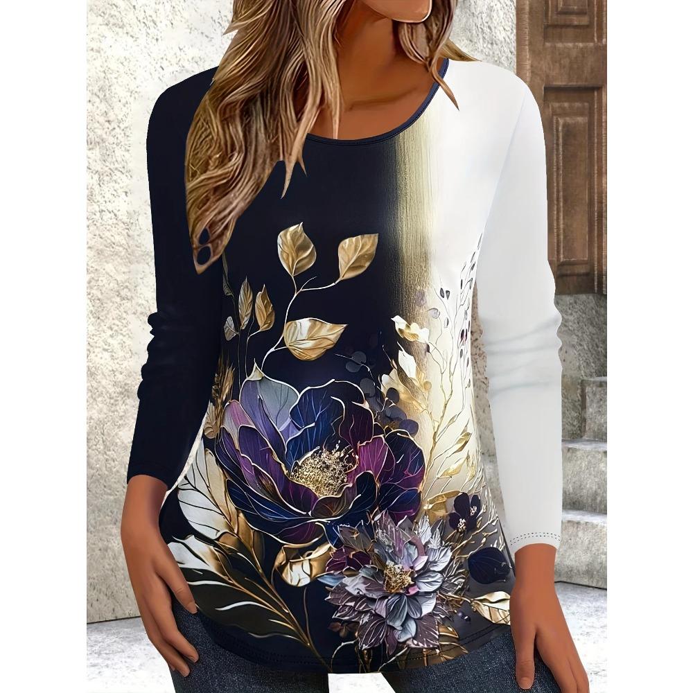 Spring and Autumn Round Neck Floral 3D Printed Top Fashionable Casual Long Sleeved Women's T-shirts