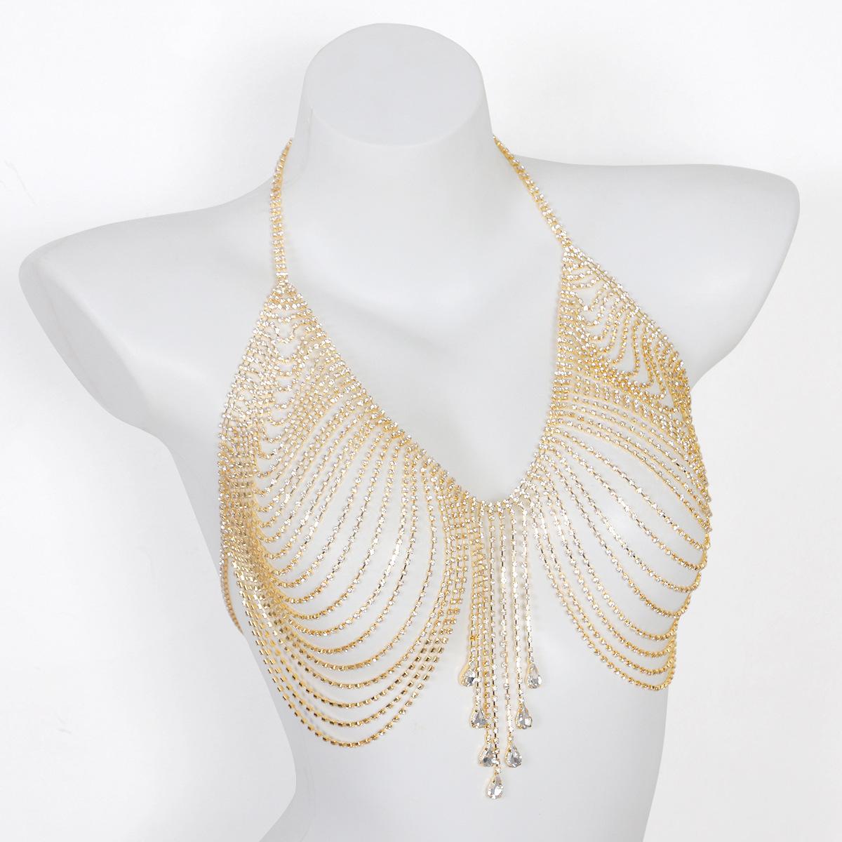 Fashionable Water Droplet Tassels Light Luxury Striped Rhinestone Chest Chain Ladies Body Chain Jewelry