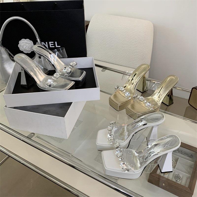 

High heel one word cool slippers women s fashion crystal waterproof table women s slippers thick heel slippers women 34 білий