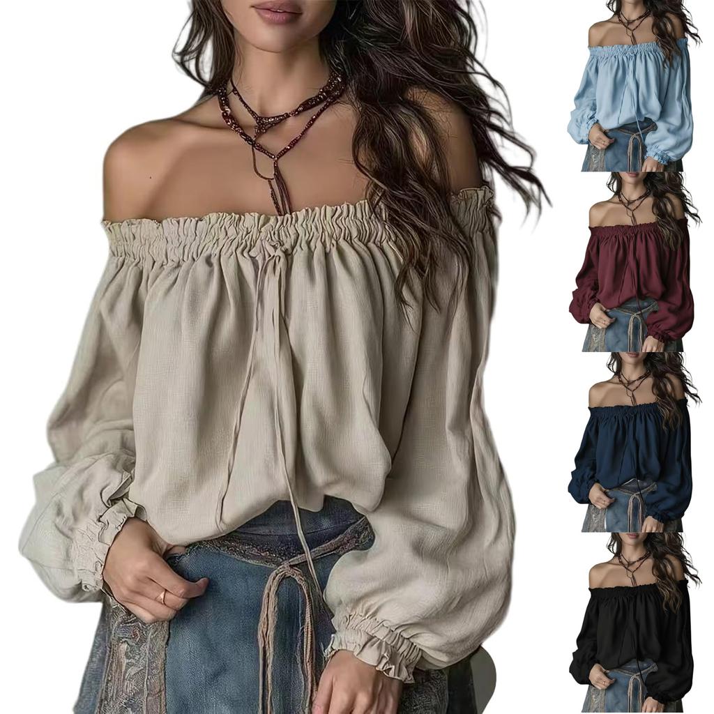Women's Off-Shoulder Puff Sleeve Blouse with Elastic Neckline and Design Long Sleeve Fashion Top