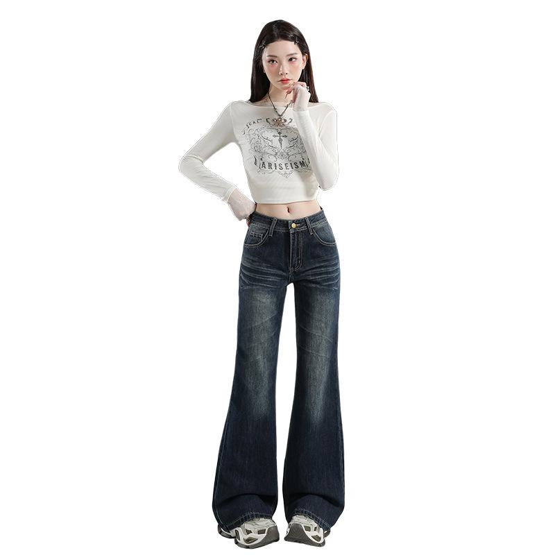 American retro micro-pull jeans women's autumn and winter new low-rise straight loose wide-leg thin flared pants