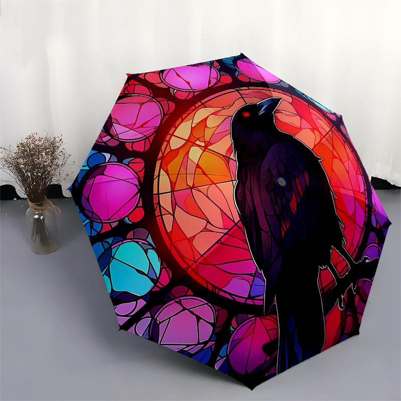 Stained Raven Decor - Unique Bird Design for Home or OfficeUmbrella, Portable 3-Fold Compact Umbrella,Christmas Gift ES612