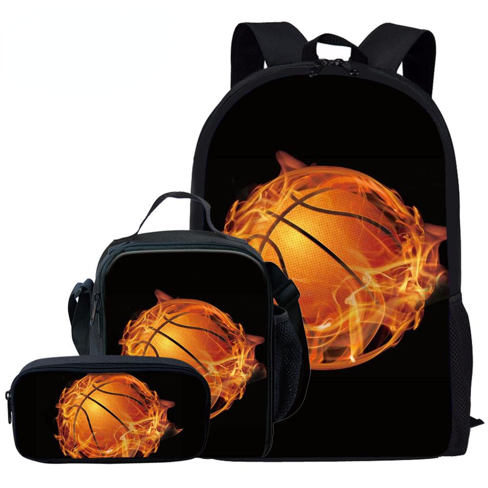 Fashion Novelty Flame Basketball Football 3D Print 3pcs/Set Pupil School Bags Laptop Daypack Backpack Lunch Bag Pencil Case