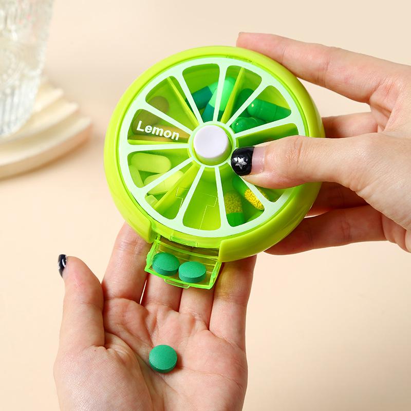 

Rotating Mini Pill Organizer - Compact Candy and Fruit-Themed Pill Box Standard - Purple