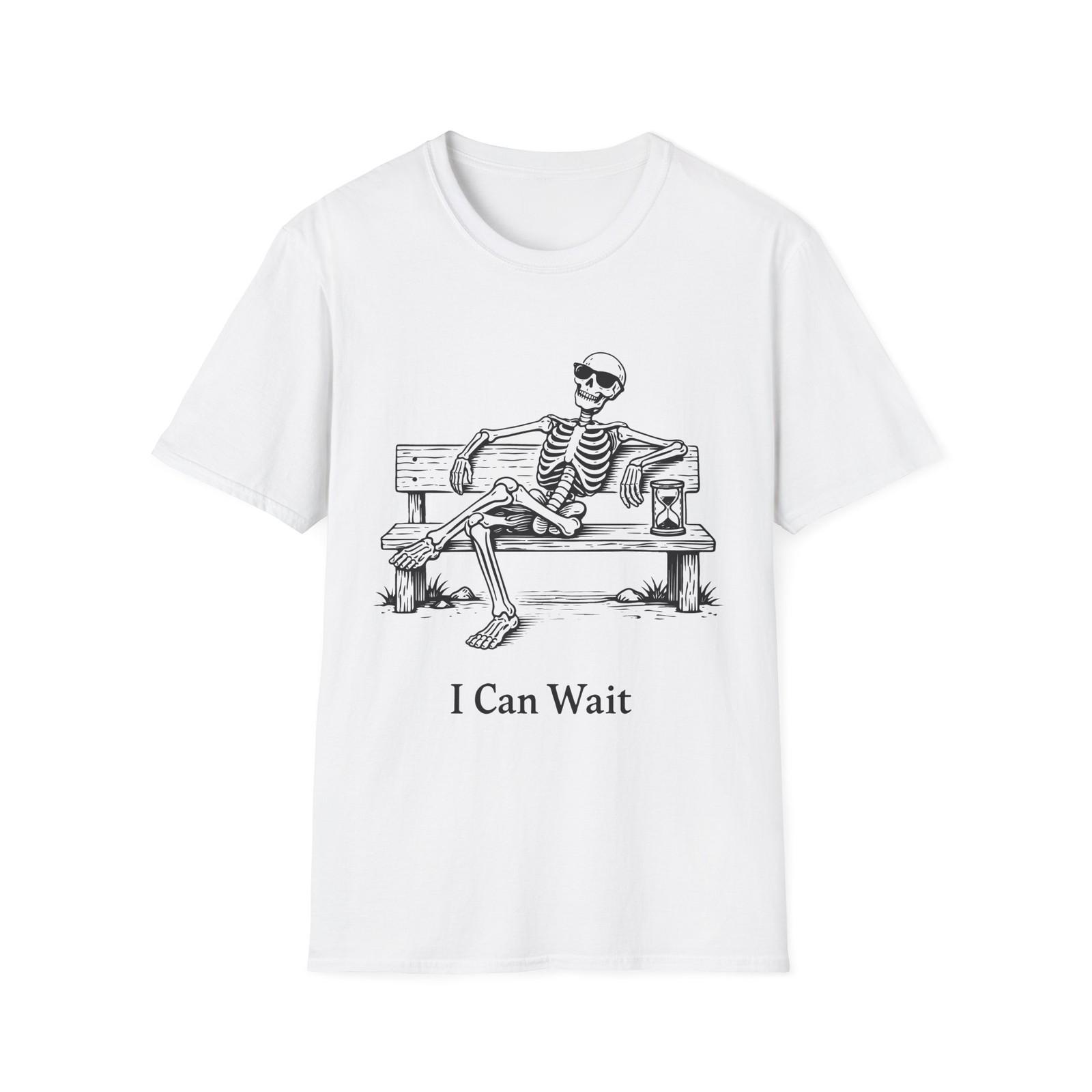 Skeleton on Bench I Can Wait - Funny Halloween/Anytime Relaxed T-Shirt S