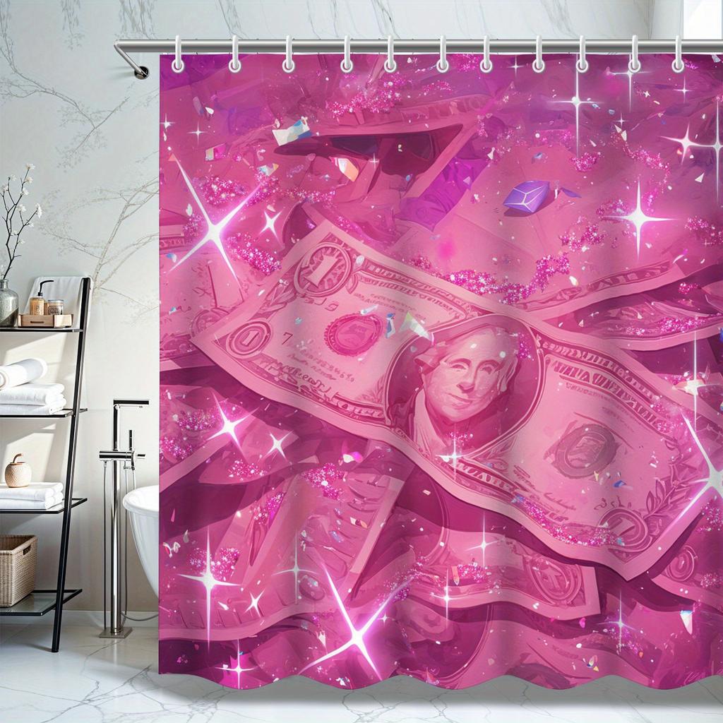 Money Theme Peva Shower Curtain - Dollar Bill & Gemstone Print, No-Hole Design, Easy Install, Aesthetic Bathroom Decor