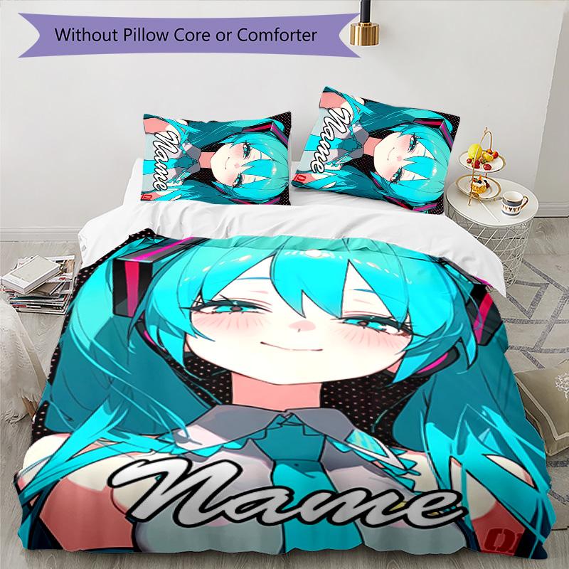 Set Copripiumino Hatsune Miku 3 Pezzi - Nome Personalizzato, Biancheria da Letto Stampata HD con 1 Copripiumino e 2 Federe - Perfetto per l'Arredamento della Casa, Facile da Curare