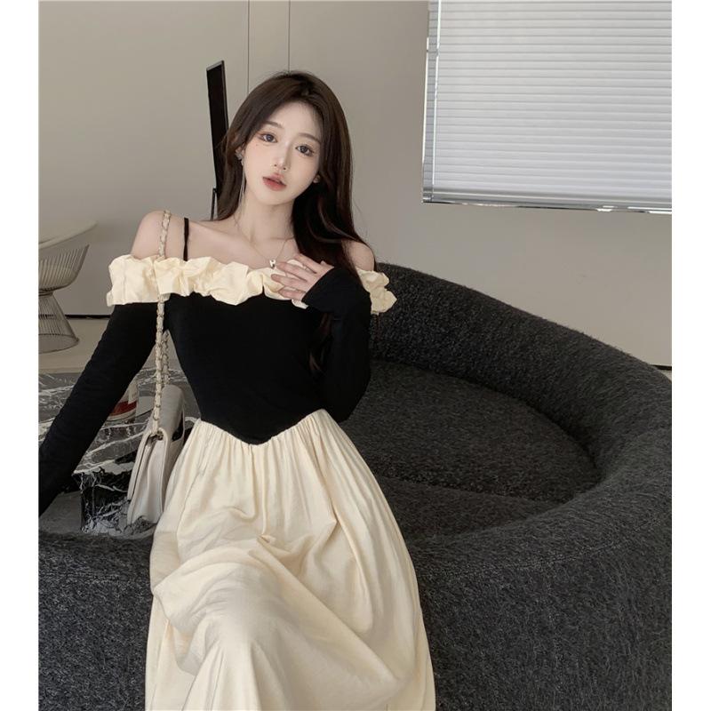 Temperament lace one-word neck splicing contrasting color long-sleeved dress women's season new medium and long a-word skirt