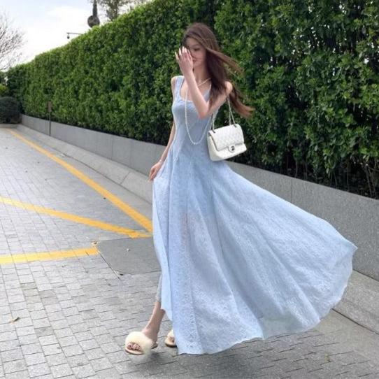 French blue waist suspender long dress dress summer French square neck texture skirt beautiful waist skirt