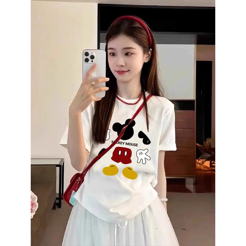 White foreign style age-reducing Mickey print short-sleeved t-shirt women's 2025 new summer loose pure cotton European half-sleeved top