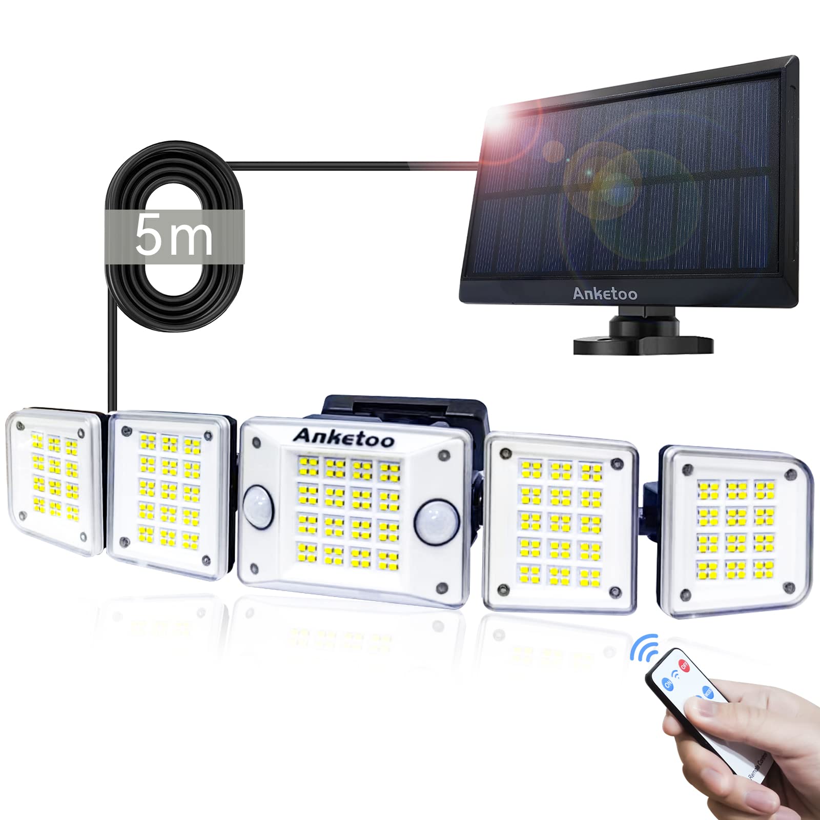 

Outdoor Waterproof Solar Light with Motion Sensor, 5 Separate Lights, Dual Motion Sensor, 2000mAh Large Capacity, IP65 Waterproof, 5m Extension