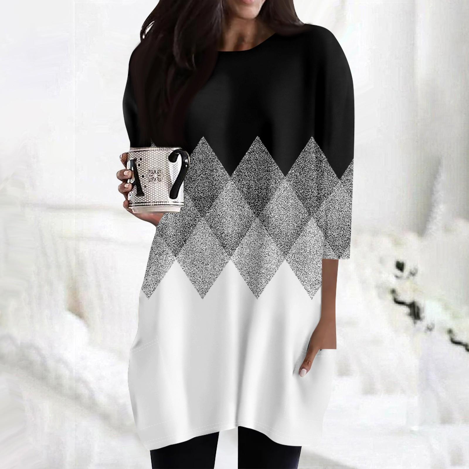 

Женские повседневные рубашки с рукавами 3/4, модные туники с принтом, топы с карманами XXL чёрный