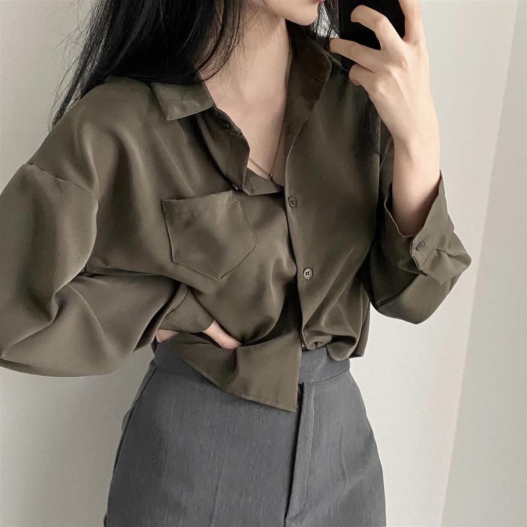 Simple Single Breasted Loose Casual Solid Long Sleeved Shirt and Blouse Office Lady Short Top Simple Elegant White Clothes