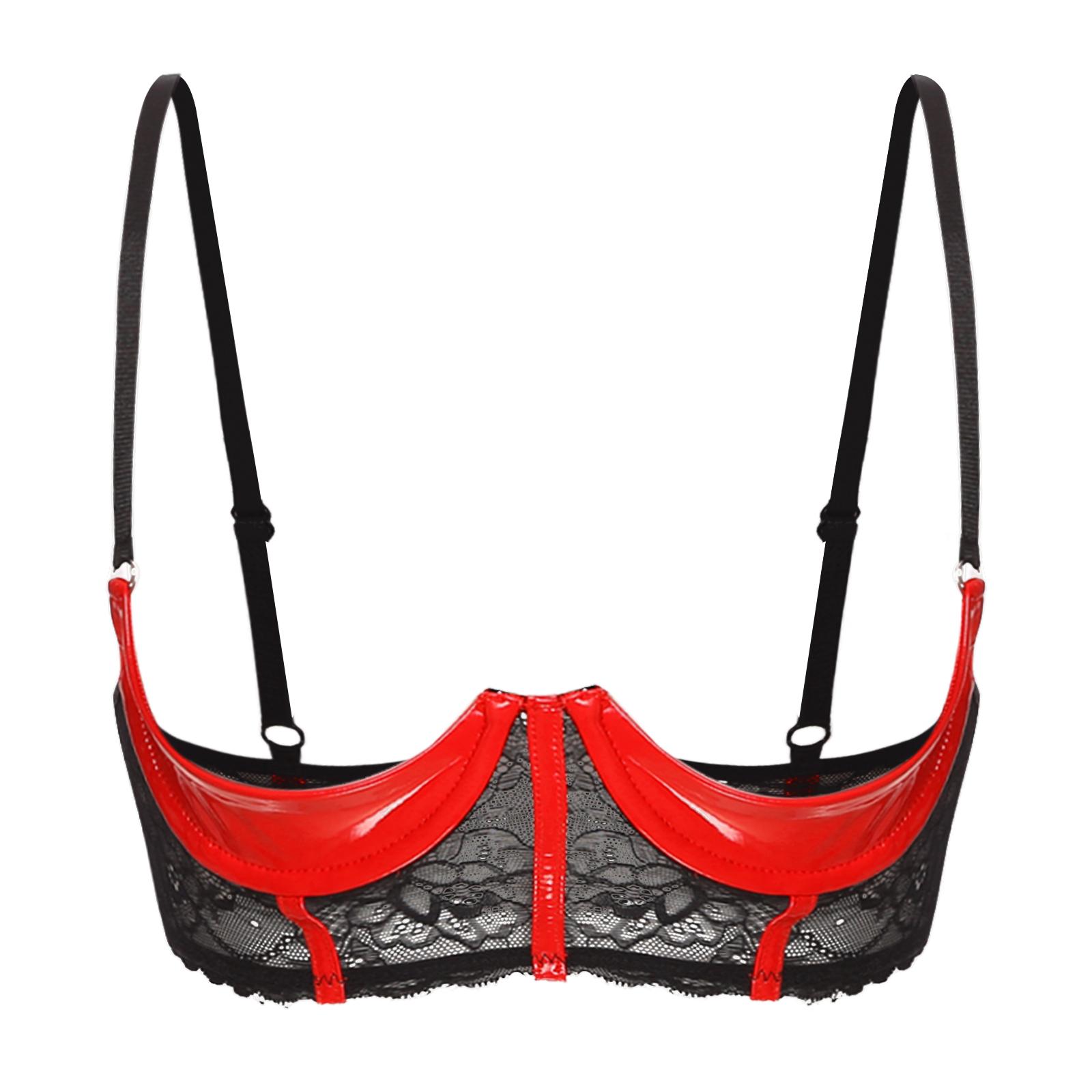 

Жіночий бюстгальтер з лакованою шкірою на кісточках 1/3 чашки Мереживний бюстгальтер із квітковим малюнком Нижня білизна Ювілейна білизна S червоний
