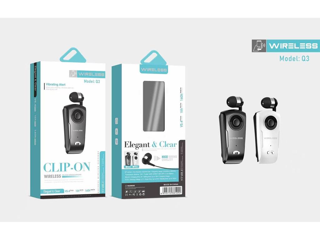 Clip-On Bluetooth Headset with Digital Display, Stereo Sound, Long Battery Life, and Retractable Cable