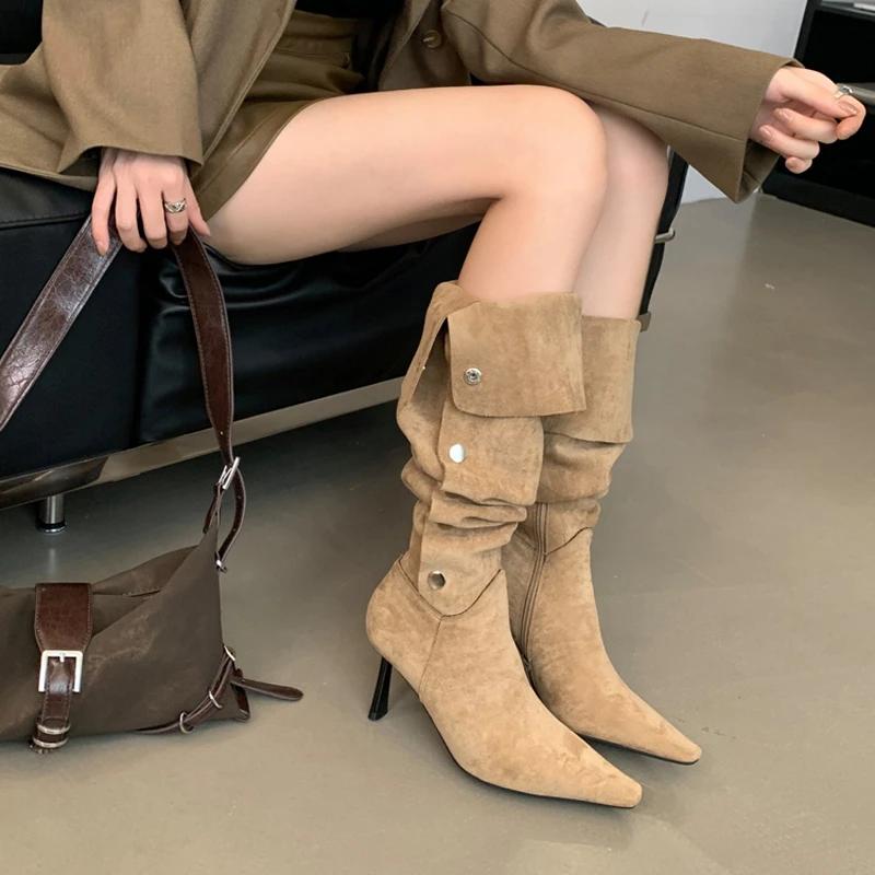 Fashion 2025 Pointed Toe Stiletto High Heel Over The Knee Boots Women's Fall Soft Leather Suede Stack Boots