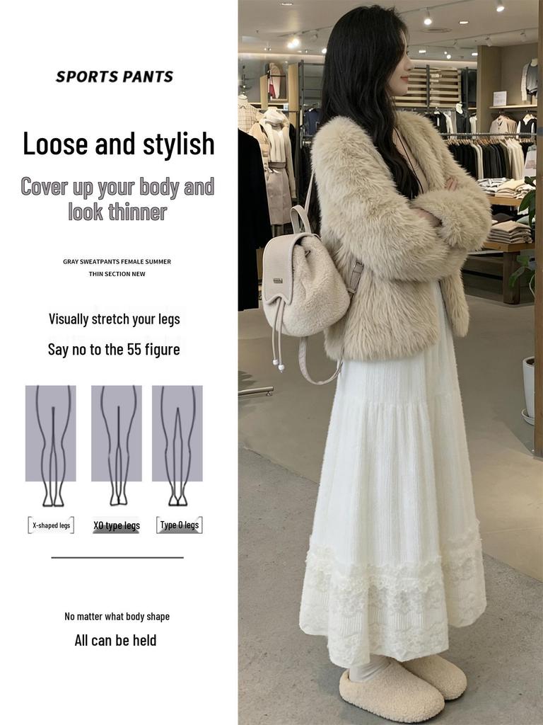 Women's White Lace High-Waist A-Line Long Skirt - Fluffy, Plush, Perfect for Spring & Autumn