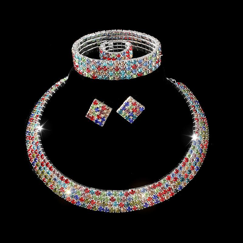 Diamond Necklace Earrings Ring Bracelet Four-Piece Set, Bridal Rhinestone Jewelry Set Ornament
