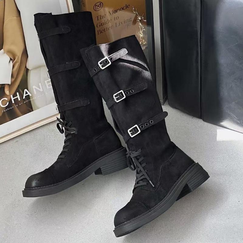 Yangjing velvet belt buckle but knee locomotive boots leather strap thin thick-soled min knight boots boots long boots
