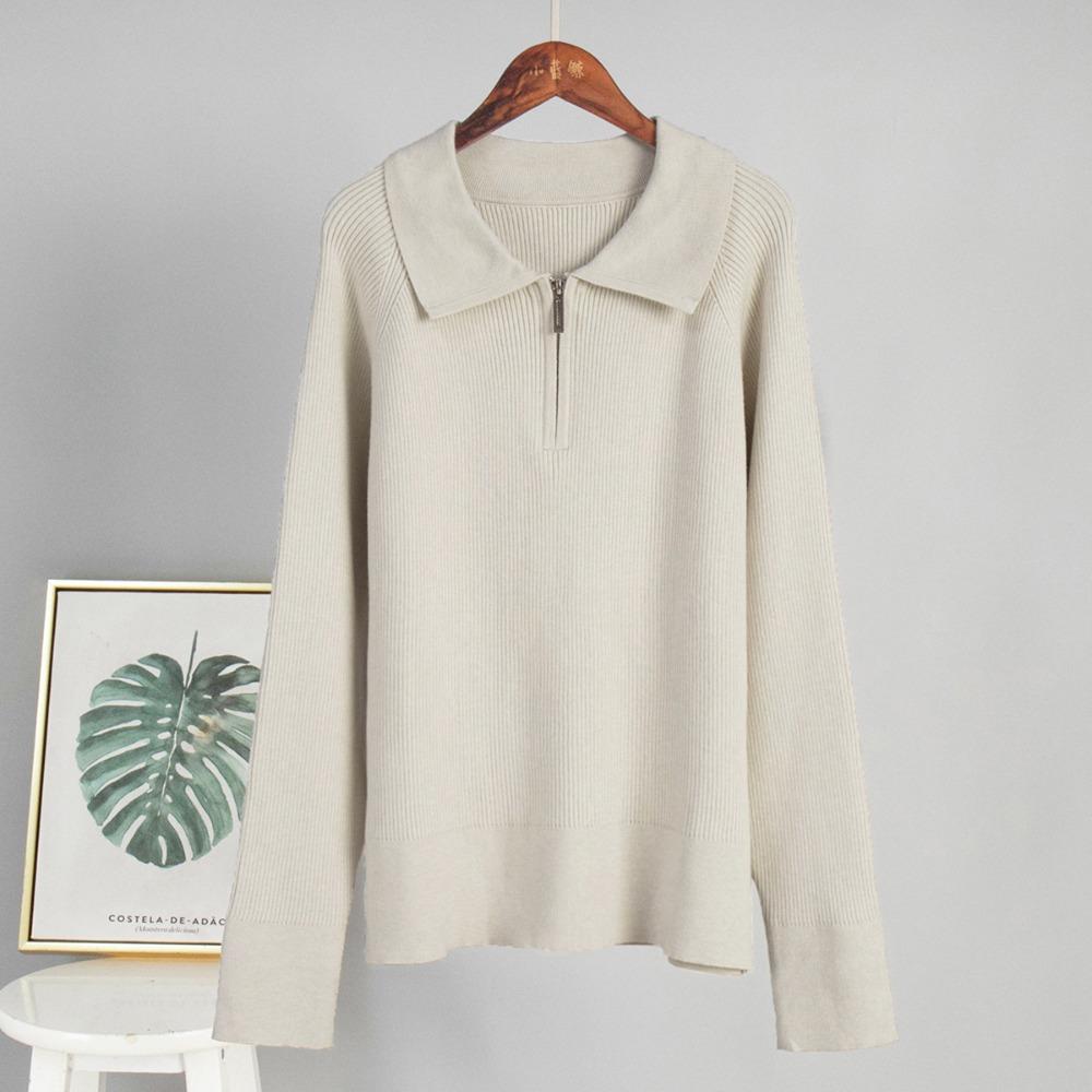 Women's Polo Collar Long Sleeve Regular Fit Sweater Solid Viscose Polyester Nylon Half Zip Ribbed Knit Casual Pullover Top