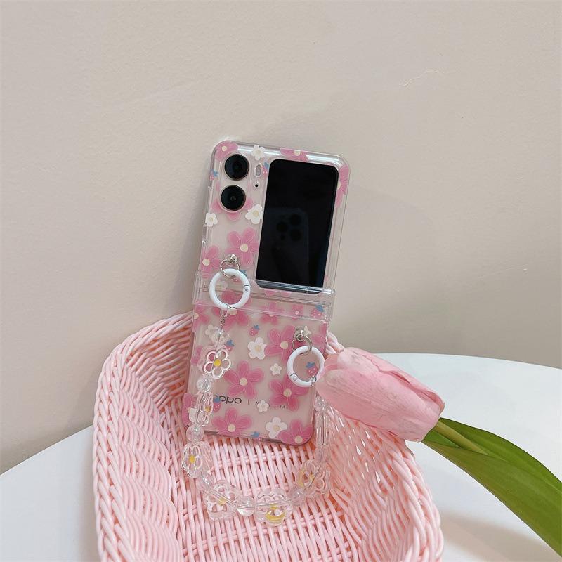 For Oppo Find N2 Flip 5G Case Flower Pattern Printing PC Phone Cover with Flower Charm Chain